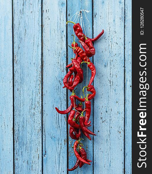 Red raw ripe hot chili peppers hanging on a rope, blue old wooden background, copy space