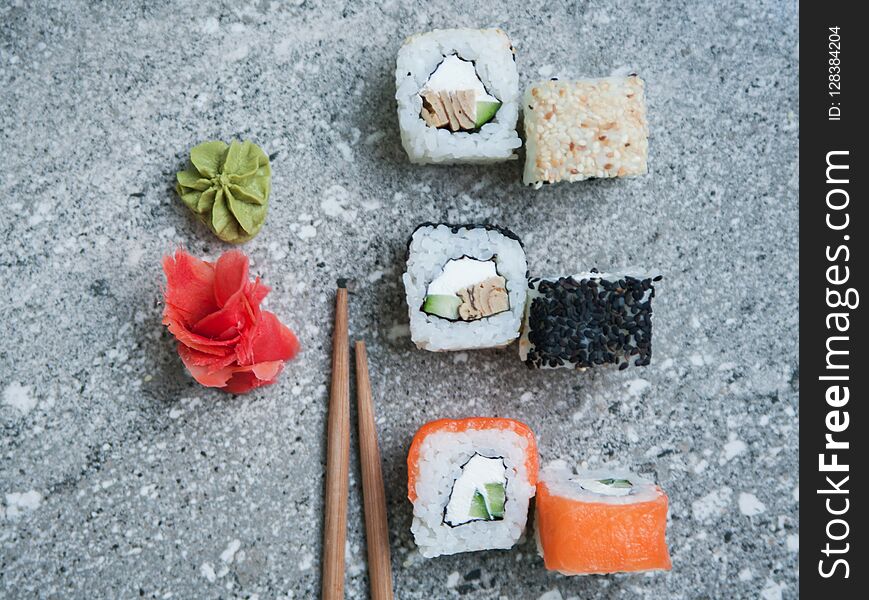 Sushi on stone background.