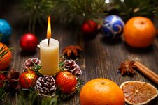 Christmas Decoration With The Burning Candle Royalty Free Stock Images