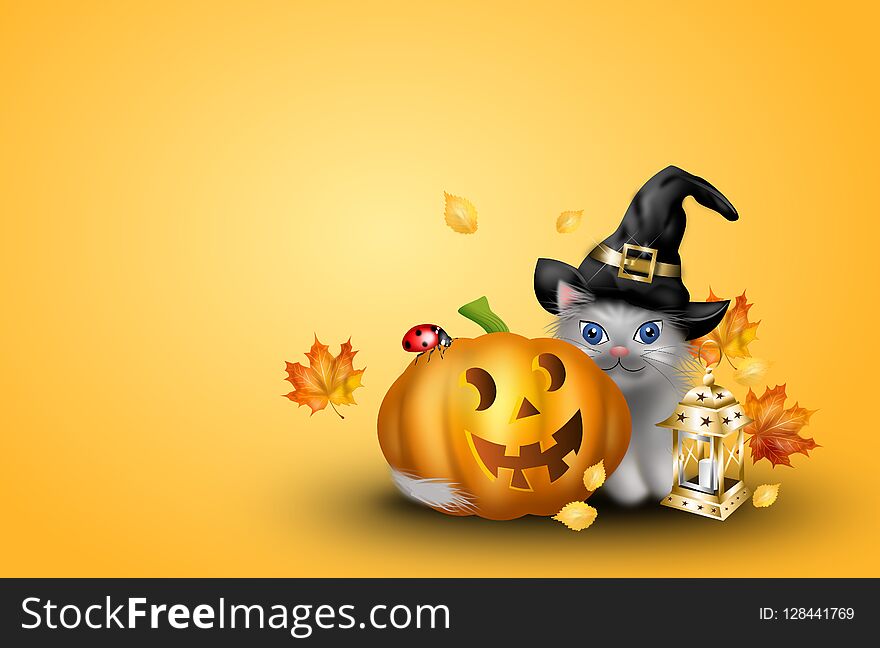 Yellow halloween background with cute illustration of cat with pumpkin