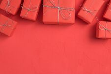 The Row Of Presents Wrapped In Red Craft Paper Stock Images
