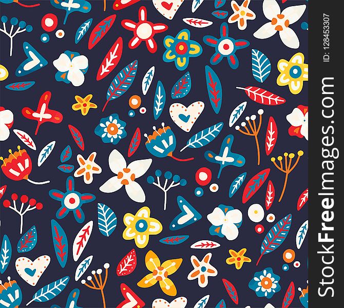 Floral seamless background in flat style. Tribal color flowers on a black background.