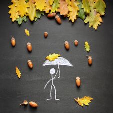 Chalk Drawing Man With Umbrella Under Acorn Rain From Oak Tree. Royalty Free Stock Photography