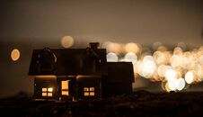 Little Decorative House, Beautiful Festive Still Life, Cute Small House At Night, Night City Real Bokeh Background, Happy Winter H Stock Photography