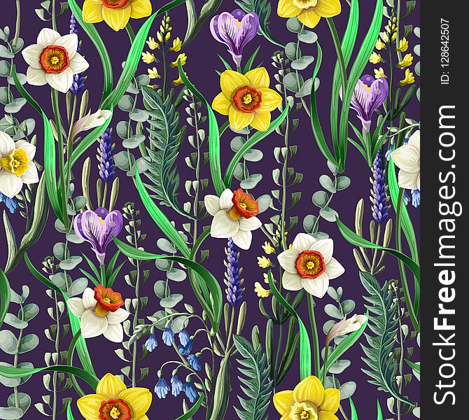 Seamless pattern with daffodils and wild flowers. Vector.
