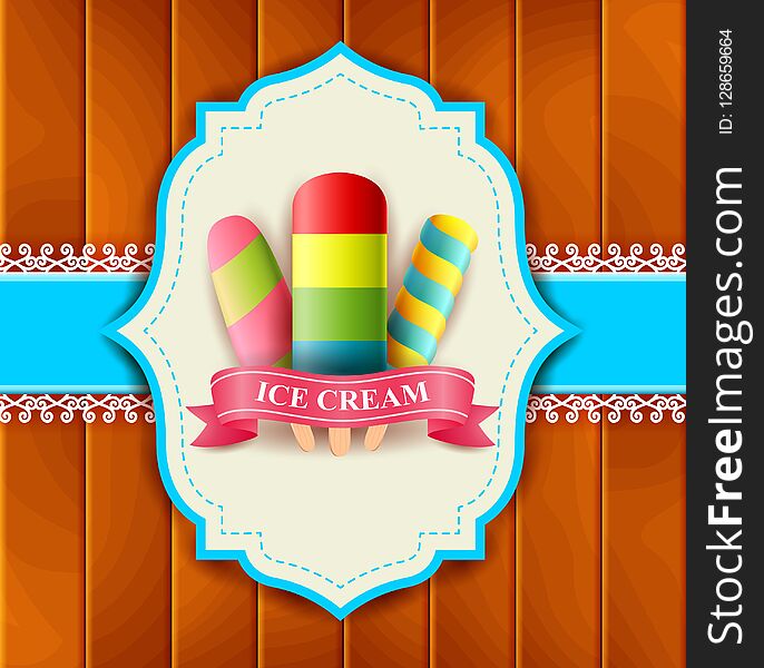 Label ice cream over wooden background