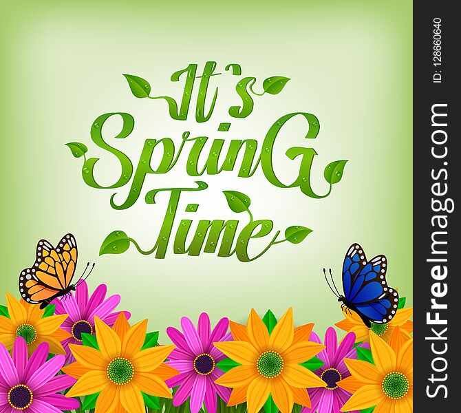 Illustration of It`s spring time background with flowers and butterfly
