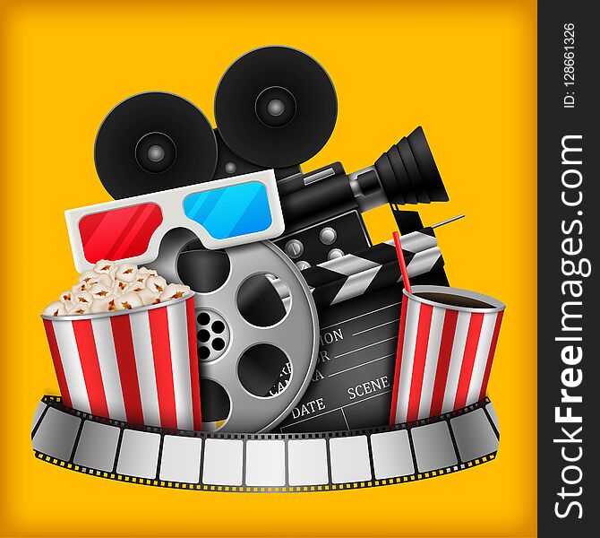 Illustration of Cinema concept with movie theatre elements set of film reel, clapperboard, popcorn, 3d glasses, camera.