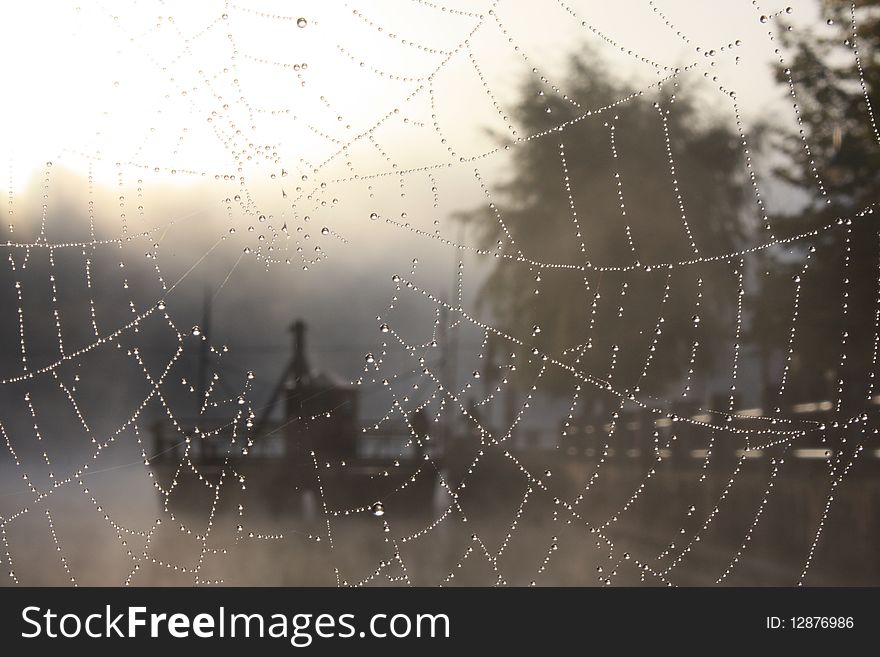 Leonardo's ferry on Adda's river between the threads of a spider's web and the morning fog. Leonardo's ferry on Adda's river between the threads of a spider's web and the morning fog