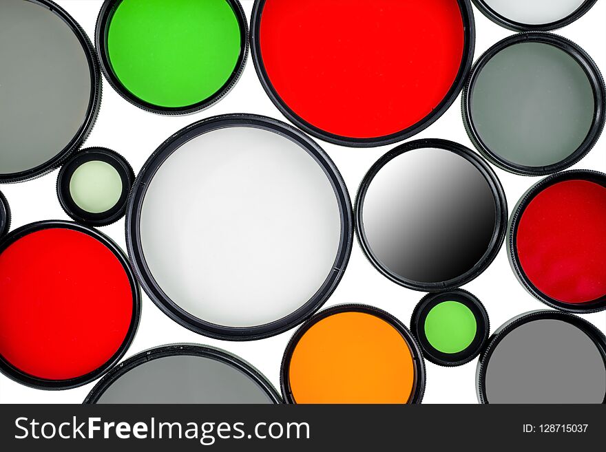 Glass round filters of different colors and sizes