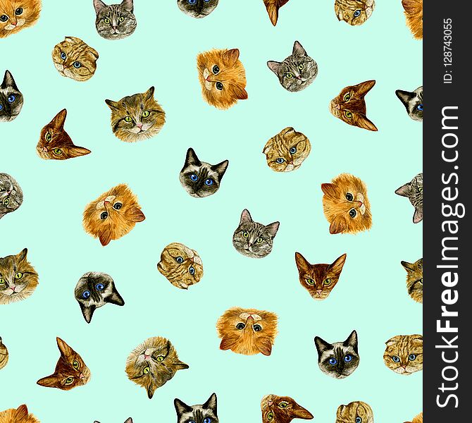 Seamless pattern with small cat snouts on a coloured background. Watercolour. Hand drawing. Great for fabric, wrapping paper, background, etc.