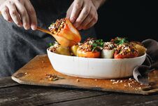 Male Hands Holding Cooked Stuffed Peppers Healthy Vegetarian Foo Stock Images
