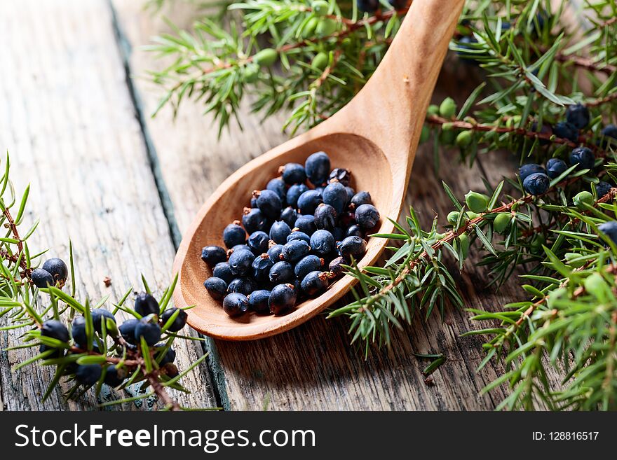 Juniper branch and wooden spoon with berries on a wooden table.