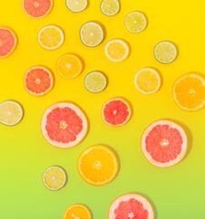Flat Lay Summer Background Top View Sliced Citrus Fruit Stock Photo