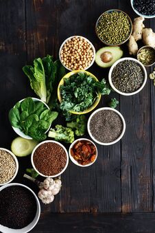 Raw Seeds Cereals Beans Superfoods Green Vegetables Top View Stock Photo