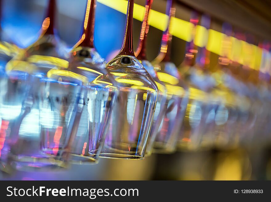 Champagne Glasses Wine Set in Night Club Bar