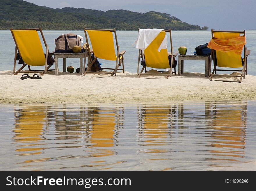 Four yellow chairs on the beach
