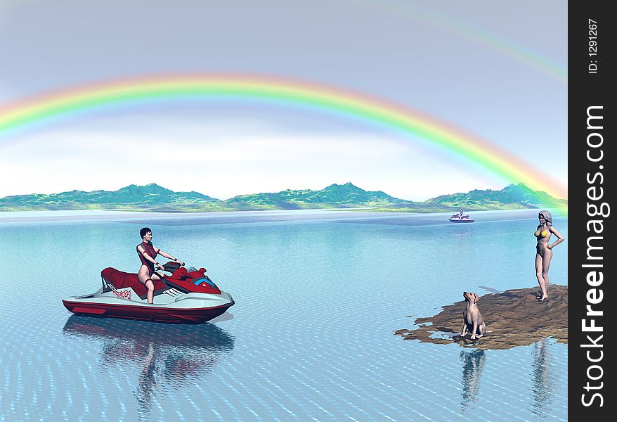 Computer generated scene of a lady on a Jet Ski talking to a lady on the beach. Computer generated scene of a lady on a Jet Ski talking to a lady on the beach