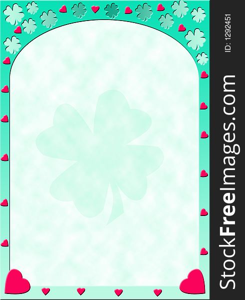 Fresh and inviting frame with hearts and four-leafed clovers and a big light clover in the background. Fresh and inviting frame with hearts and four-leafed clovers and a big light clover in the background