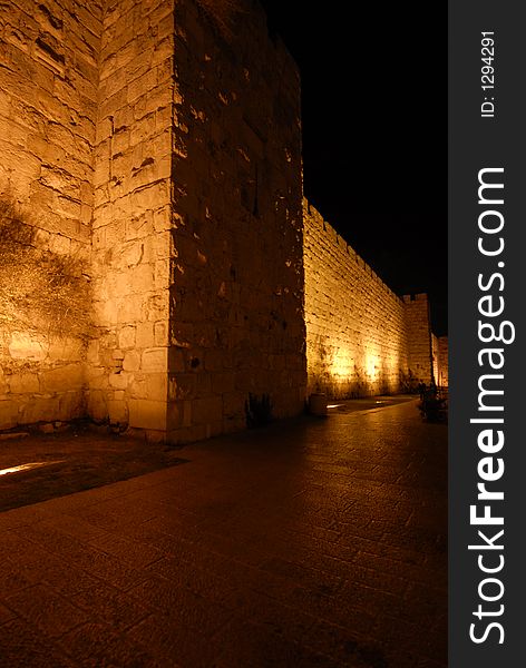 View of the Old City wall in jerusalem looking towards the Jaffa gate.