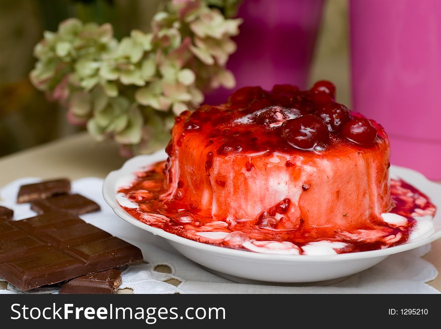 Ice-cream Poured With Cherry Jam.