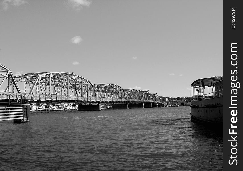 Old-Time Bridge Boat in Black and White