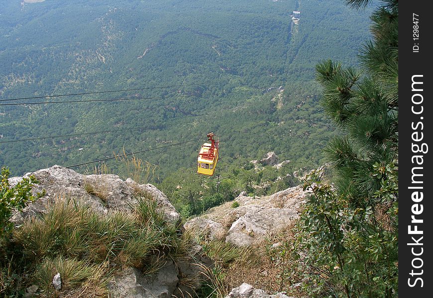 Cable railway on mountains above forest