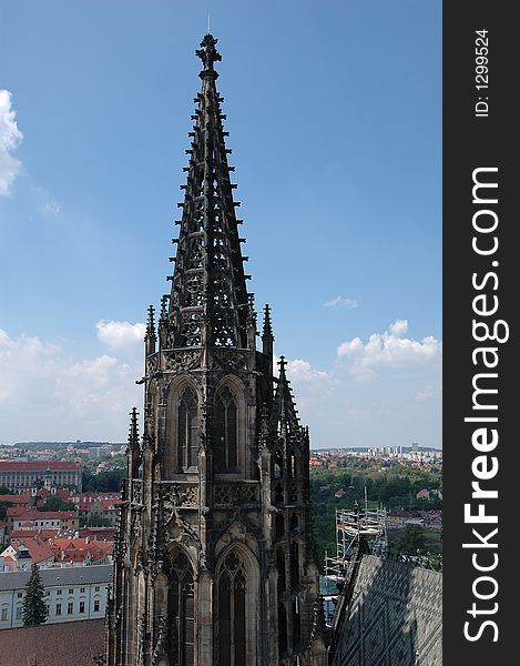 View from the Prague Castle in the Czech Republic with the cathedral tower in the foreground. View from the Prague Castle in the Czech Republic with the cathedral tower in the foreground