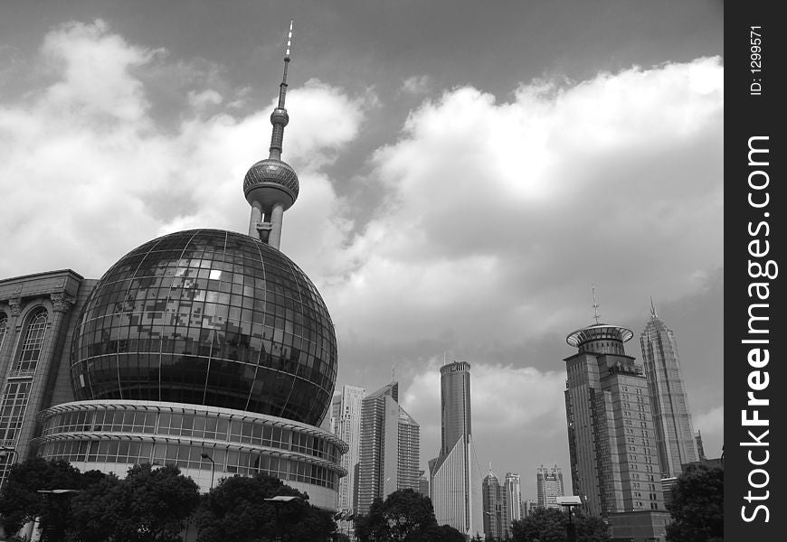 Buildings at Shanghai, convention center and pearl TV tower. Buildings at Shanghai, convention center and pearl TV tower