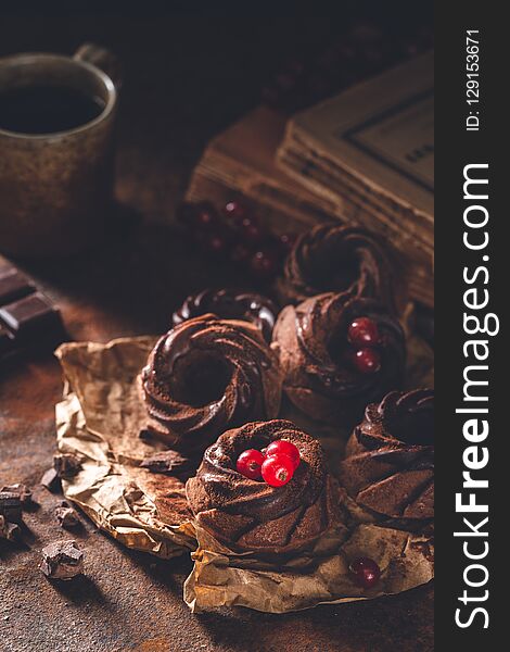 Chocolate Bundt Cake for Dessert on dark background