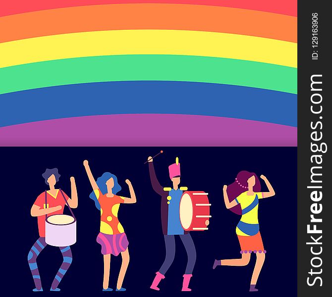 Lgbt banner template with big rainbow and cartoon character people. Vector illustration. Lgbt banner template with big rainbow and cartoon character people. Vector illustration