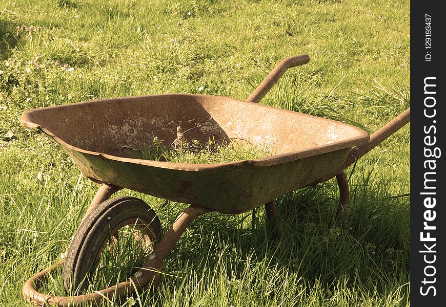 Wheelbarrow, Cart, Grass, Soil