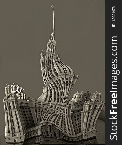 An illustration of distorted model of soviet high tower. An illustration of distorted model of soviet high tower