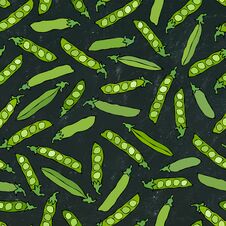 Black Board. Seamless Endless Pattern Of Green Peas And Peeled Pea Pod. Healthy Bio Vegetarian Food. Realistic Hand Royalty Free Stock Images
