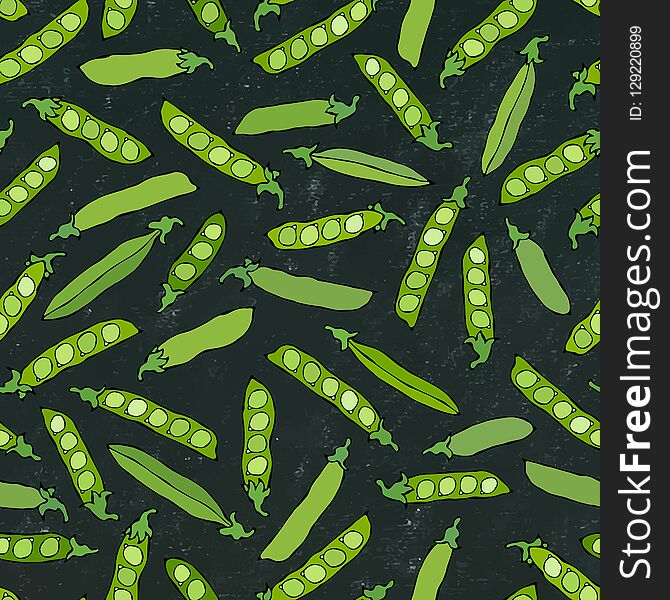 Black Board. Seamless Endless Pattern of Green Peas and Peeled Pea Pod. Healthy Bio Vegetarian Food. Realistic Hand