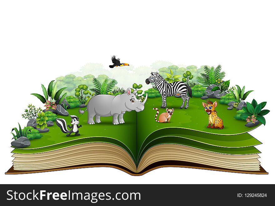 Open book with animal cartoon playing in the park