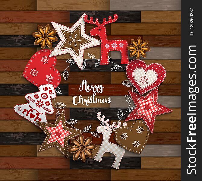 Christmas background, small Scandinavian styled red decorations lying on wooden parquet background, inspired by flat lay style, with text Merry Christmas, framed by abstract leaf wreath, vector illustration, eps 10 with transparency. Christmas background, small Scandinavian styled red decorations lying on wooden parquet background, inspired by flat lay style, with text Merry Christmas, framed by abstract leaf wreath, vector illustration, eps 10 with transparency