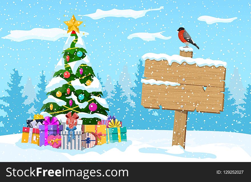 Christmas landscape with tree, gift boxes and wooden signpost with bullfinch bird. Winter landscape with fir trees forest and snowing. New year celebration xmas holiday. Vector illustration flat style. Christmas landscape with tree, gift boxes and wooden signpost with bullfinch bird. Winter landscape with fir trees forest and snowing. New year celebration xmas holiday. Vector illustration flat style