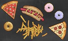 Collection Of Junk Food Illustrated On Blackboard Stock Photos
