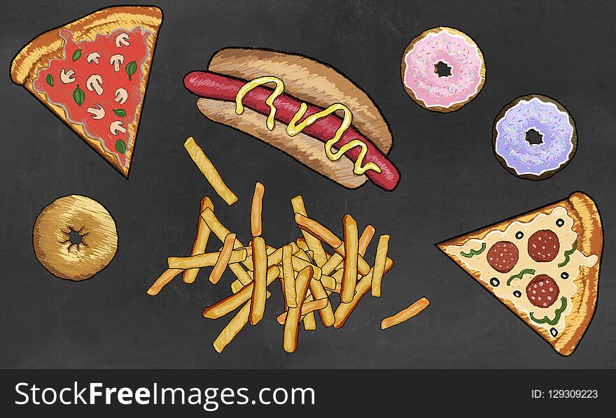 Junk Food such as Dougnuts, French Fries, Pizza and Hot Dog illustrated on Blackboard. Junk Food such as Dougnuts, French Fries, Pizza and Hot Dog illustrated on Blackboard