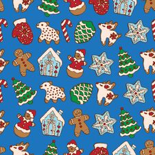 Seamless Pattern Of Christmas Homemade Gingerbread Cookies On Blue Background. Christmas Tree, Snowflake, Deer And Snowman. Vector Stock Photography