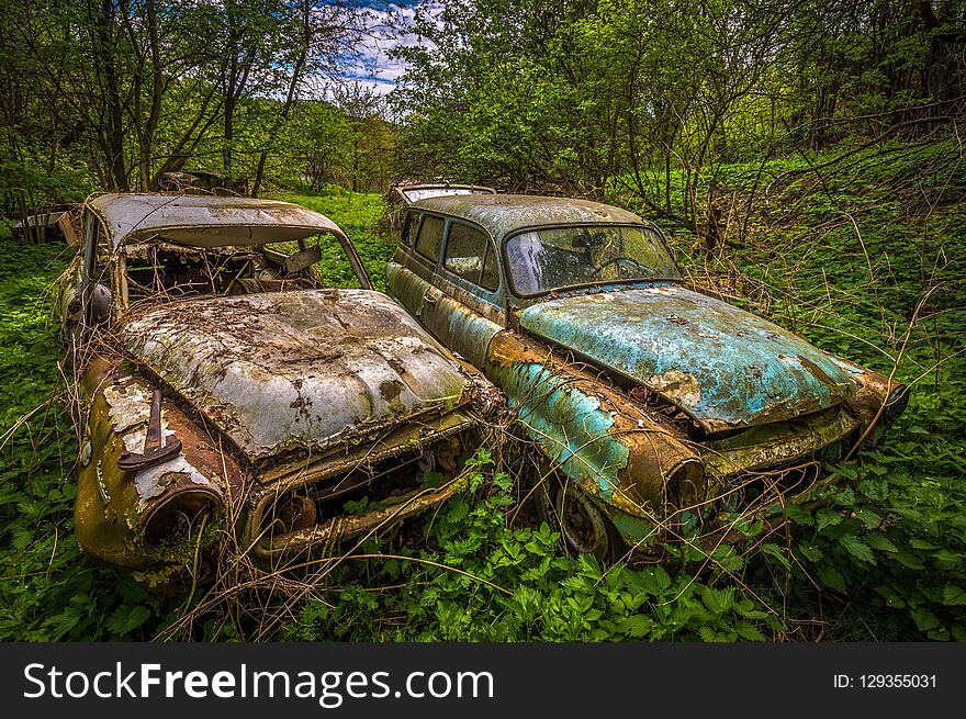 Forgotten car decaying in the garden, urbex Czech republic.