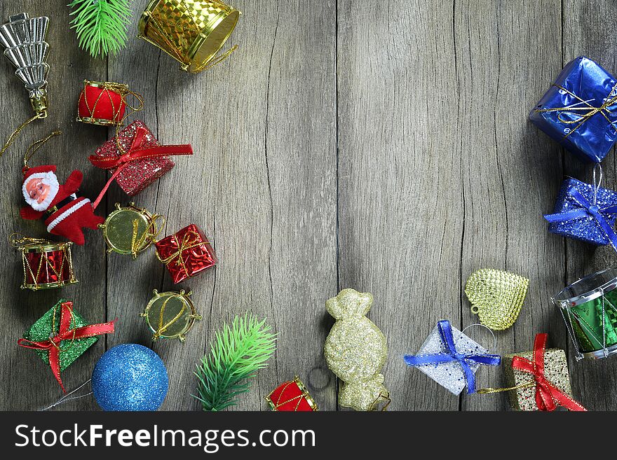 Christmas Decoration Equipment On Wooden Floor.