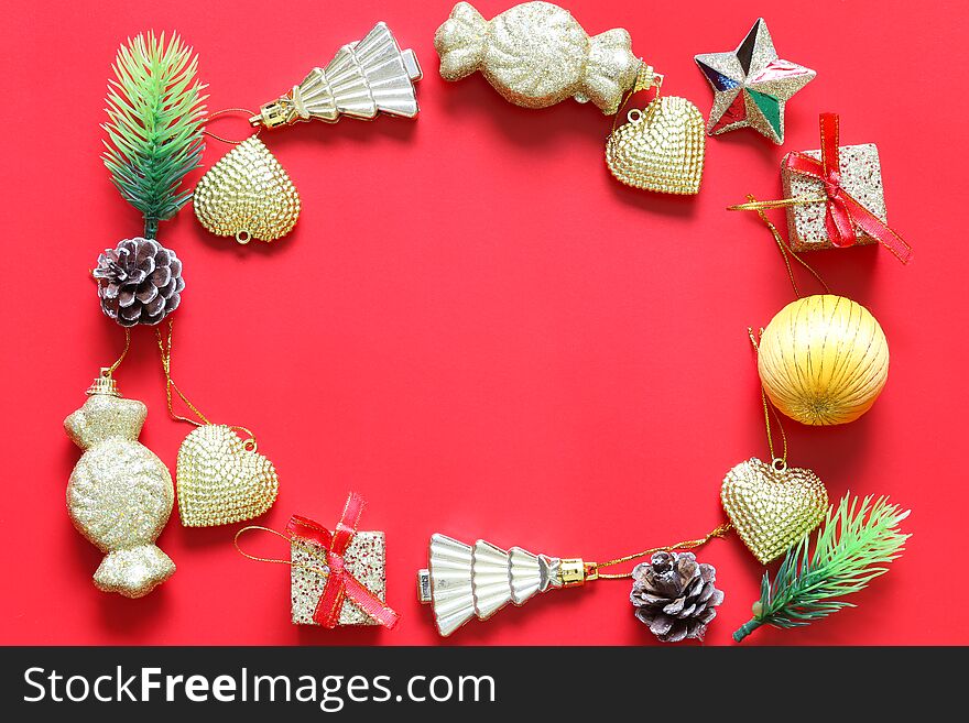 Christmas Decoration and copy space on red background for design in your work concept. Christmas Decoration and copy space on red background for design in your work concept.