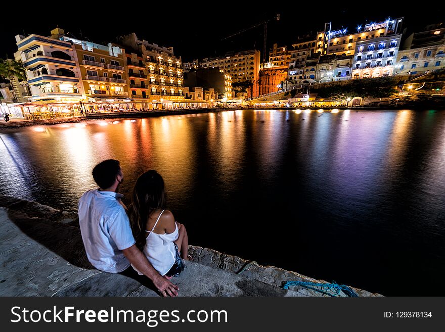 Xlendi, a resort town in Gozo, Malta at night