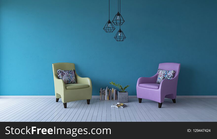 3ds rendering image of yellow and pink sofa and books place on timber floor which have blue cracked concrete wall as background. Modern hanging lamps over the books and decoration little tree in marble cubic potted. 3ds rendering image of yellow and pink sofa and books place on timber floor which have blue cracked concrete wall as background. Modern hanging lamps over the books and decoration little tree in marble cubic potted