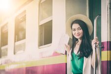 Asian Woman Traveler Has Get In The Train With Happiness At Hua Royalty Free Stock Photos
