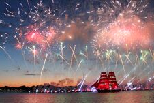 A Ship With Red Sails, And Fireworks, In The Neva Water Area On The Day Of The Celebration Of The Graduates Scarlet-Sails Royalty Free Stock Images