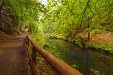 Narrow And Winding Hiking Trail Near Flowing Kamenice River In Green Forest. Foggy Morning View Stock Photos Narrow And Winding Hiking Trail Near Flowing Kamenice River In Green Forest. Foggy Morning View Stock Photos