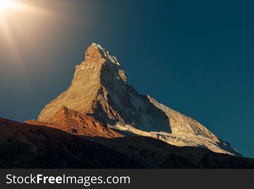 Sunrise at Matterhorn - the most famous mountain of the Alps. Zermatt. Switzerland.